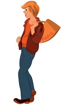 Cartoon young man with orange bag over his shoulder