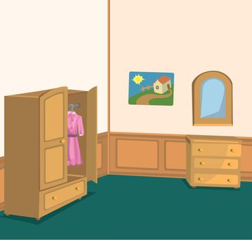 Illustration of retro interior with wardrobe, cabinet and picture on the wall




