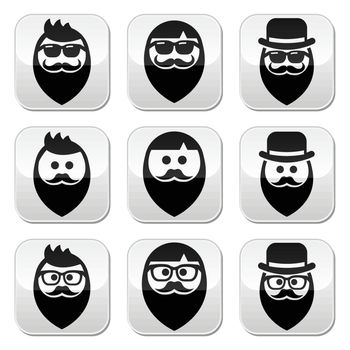 Man with beard with moustache or mustache, hipster buttons set