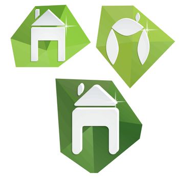 Collection of paper icons on polygonal triangular green backgrou