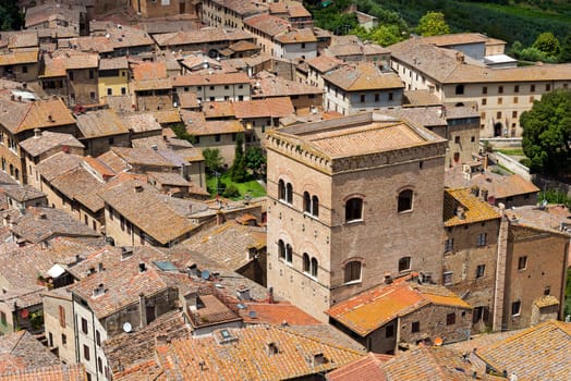 Aerial view of San Gimignano, medieval town (UNESCO heritage), from the tower of the Palazzo Comunale, Siena, Tuscany, Italy