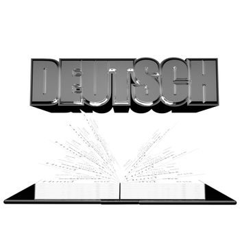 "Deutsch" (German) word over an open book, isolated over white, 3d render