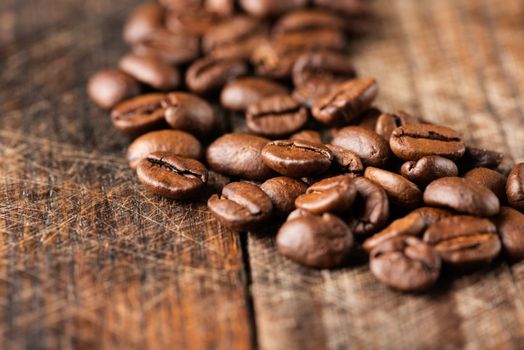 Coffee on grunge wooden background close up