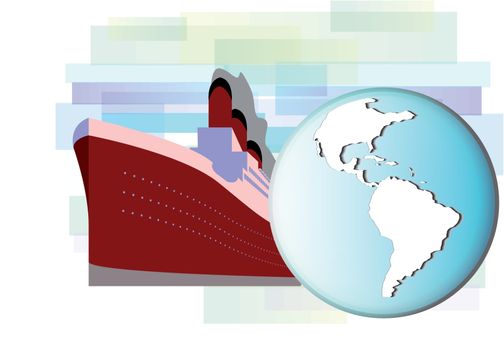 Illustration of cruise ship with earth globe