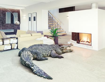 Big crocodile relax in the luxury interior (photo and cg elements combination)