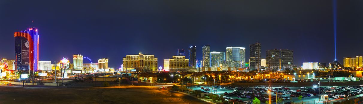 Panoramic overview of downtown Las Vegas in the evening