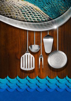 Wooden and metallic background with kitchen utensils, fishing net and stylized blue waves. Template for recipes or seafood menu