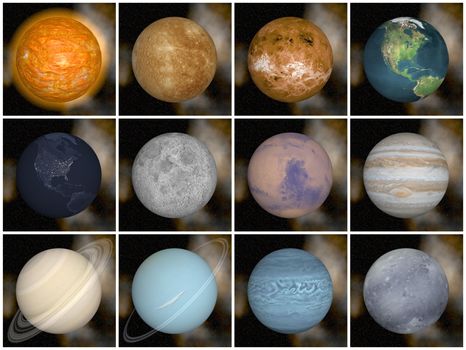 Solar system planets as sun mercury venus earth moon mars jupiter saturn uranus neptune pluto, elements of this image furnished by NASA- 3D render