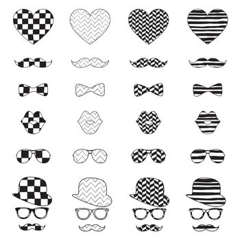 Hipster Black and White Retro Vintage Vector Icons with Geometric Hand Drawn Pattern Background