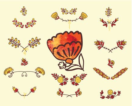 Set of symmetrical floral graphic design elements