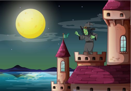 A witch above the castle near the sea