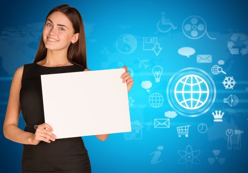 Businesswoman with cloud icons and world map 