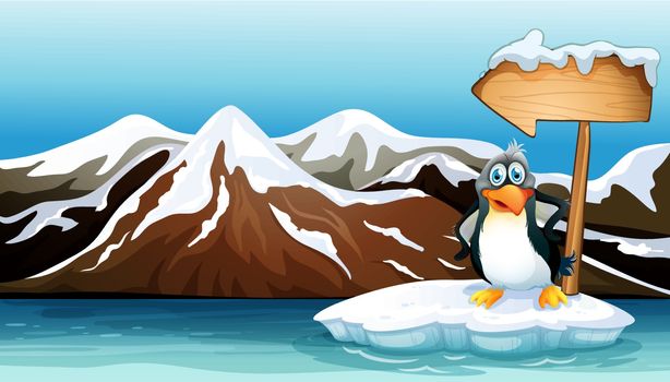A penguin above the iceberg with an arrowboard