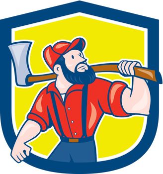 LumberJack Holding Axe Shield Cartoon