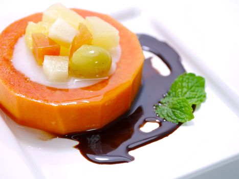 Agar dessert in papaya with chocolate