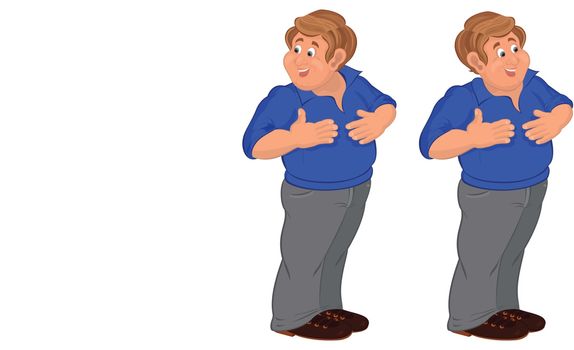 Illustration of two cartoon male characters isolated on white. Happy cartoon man walking in blue polo shirt touching stomach.
