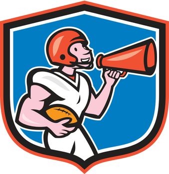 American Football Quarterback Bullhorn Shield Cartoon