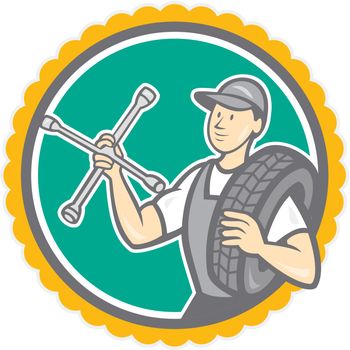 Mechanic With Tire Wrench Rosette Cartoon