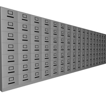 Wall of archives isolated over white, 3d render