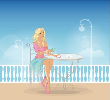 Vector illustration of beautiful woman in cafe