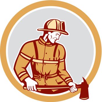 Fireman Firefighter Holding Fire Axe Circle