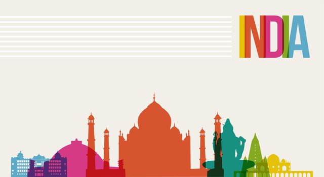 Travel India famous landmarks skyline multicolored design background. Transparency vector organized in layers for easy create your own website, brochure or marketing campaign.