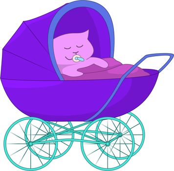 Cartoon baby sucking a dummy, sleeping in the baby carriage, isolated on white background. Vector