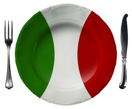 Concept of Italian cuisine with empty plate colored with the colors of Italian flag and silver cutlery isolated on white background