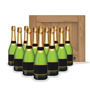 Bottles of Champagne in rows and Wooden box 