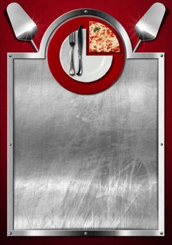 Red and metallic background with white plate on red underplate with kitchen utensils and slice of pizza. Template for a pizza menu 

