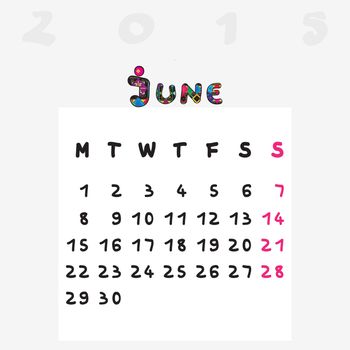 Calendar 2015, graphic illustration of June monthly calendar with original hand drawn text and colored capital letters for kids