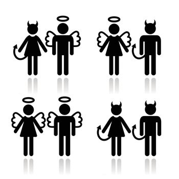 Couples devil and angel man and woman icons set