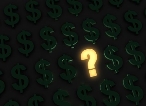 A bright, glowing yellow question stands out in a dark field of green dollar signs