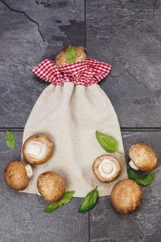 Portobello mushrooms on bag background. High angle view. Copy space composition