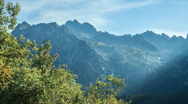 View of High Tatra Mountains from hiking trail.