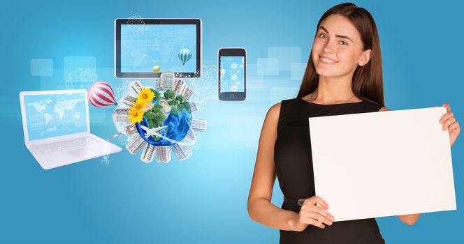 Beautiful businesswoman holding paper holder. Electronics, Earth with buildings and trees