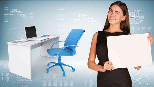Businesswoman hold paper sheet. Office table with chair and laptop are located next