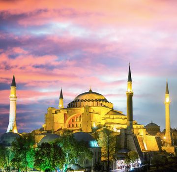 Hagia Sophia Church illuminated at dusk, Istanbul