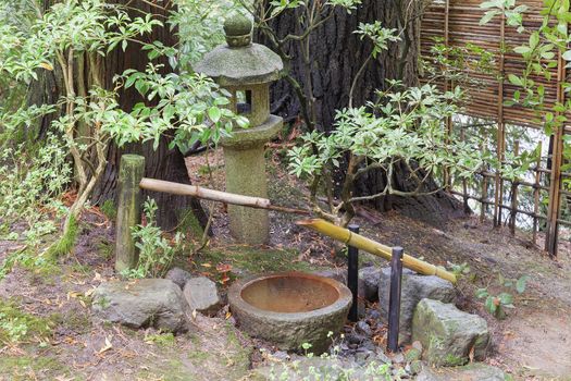 Tsukubai Water Fountain and Stone Lantern in Japanese Garden