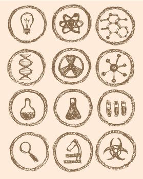 Sketch chemical icons in vintage style, vector