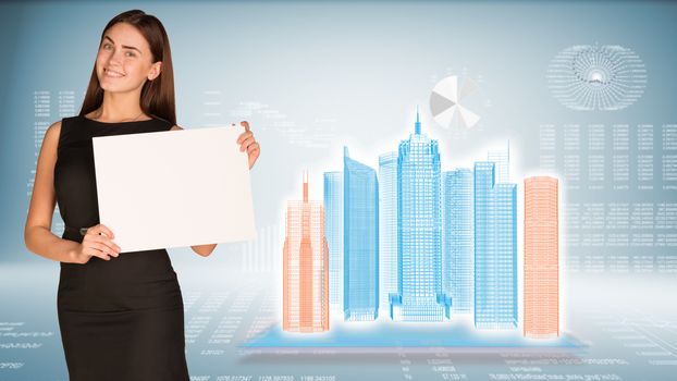 Businesswoman hold paper sheet. Wire-frame glowing buildings on transparent plane