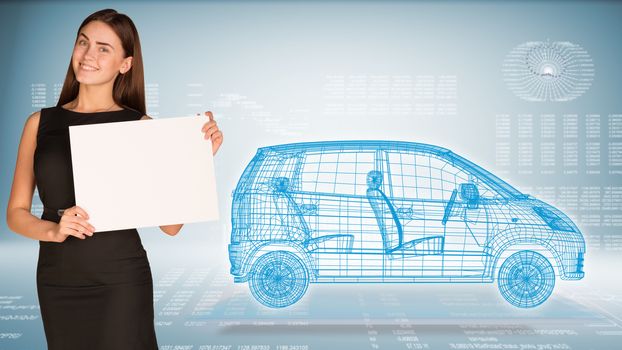 Businesswoman hold paper sheet. Wire-frame family car on transparent plane
