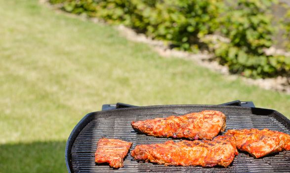 Spareribs on grill with hot marinade
