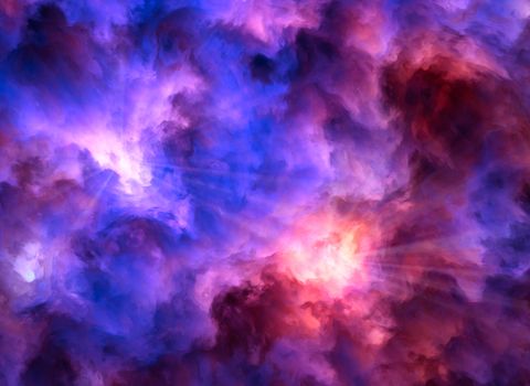 Light rays burst from turbulent, surreal, blue and purple and red and yellow clouds as they collide symbolizing a range of concepts such as creation, the birth of stars, or an ominous maelstrom.
