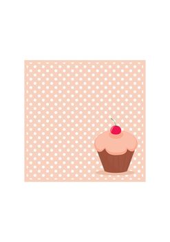 Cherry vector cupcake on white polka dots pink background