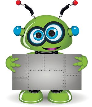 Illustration green robot with a metal background