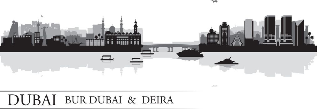 Dubai Deira and Bur Dubai skyline silhouette background