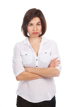 Portrait of a young woman looking bored, unhappy, isolated on white