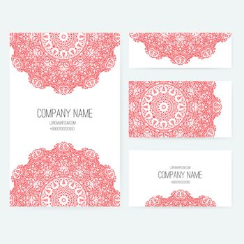 Set of business card and invitation card templates with lace ornament. Vector background. Indian, Arabic, Islam motifs. Vintage design elements. Wedding or save the date hand drawn background.