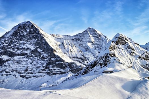 Swiss alpine peaks and ski slopes in winter